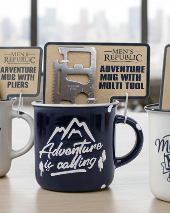 Men's Republic Adventure Mugs with Tool Gift Sets  in Shelf Tray - 6 pcs