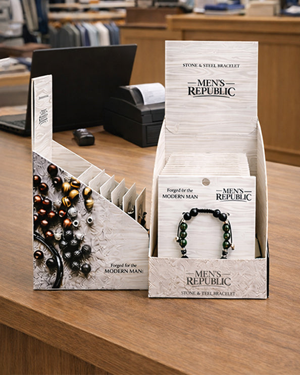 Men's Republic Fashion Bracelets - Set of 10 Mixed Stainless Steel and Semi-Precious Stones - In Shelf Tray