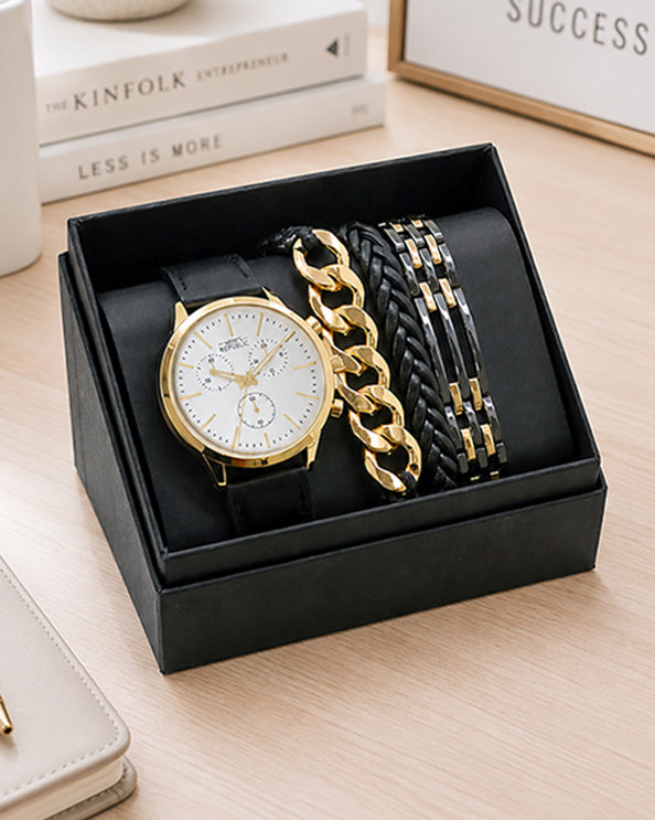 Men's Republic Watch set with 3 Bracelets - Gold and Black