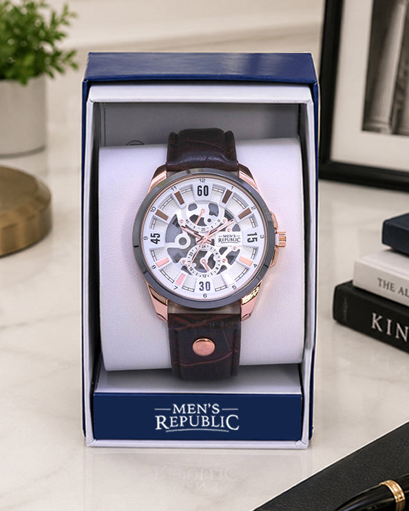 Men's Republic Watch - Signature Series  - Gun Metal /Gold with Brown Leather Strap