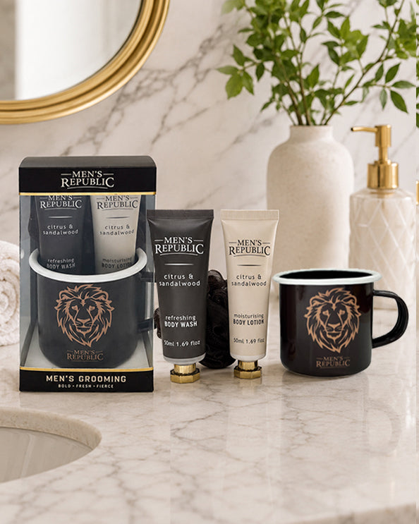 Men's Republic Mug with Body Wash, Body Lotion and Shower Loofah