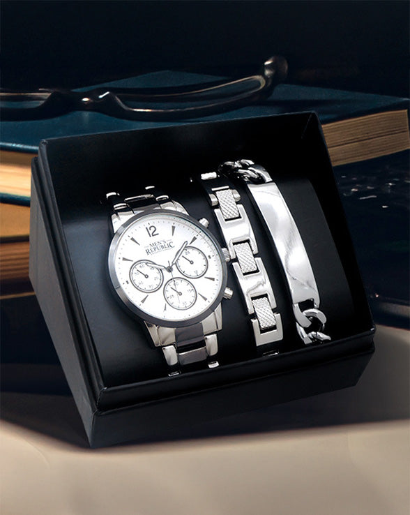 Men's Republic Watch set with 2 Bracelet - Chrome/Black