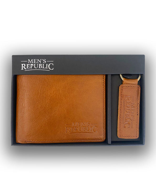 Men's Republic Leather Wallet and Keyring Set - Brown