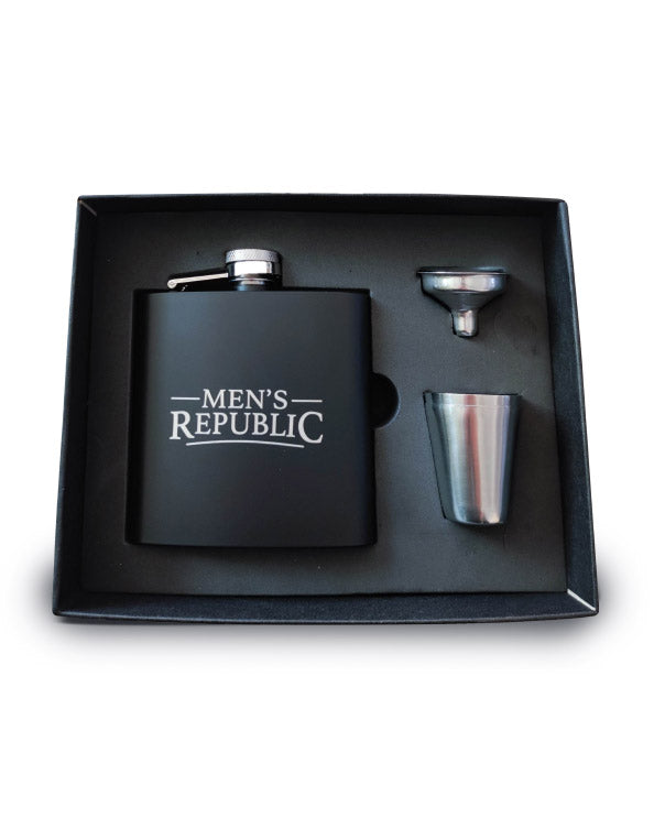 Men's Republic Hip Flask, Funnel and 2 Cups - Silver/Blk